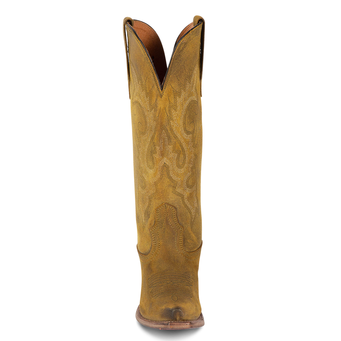 Front view showing western stitch detailing and front dip on FREEBIRD women's Woodland olive suede boot