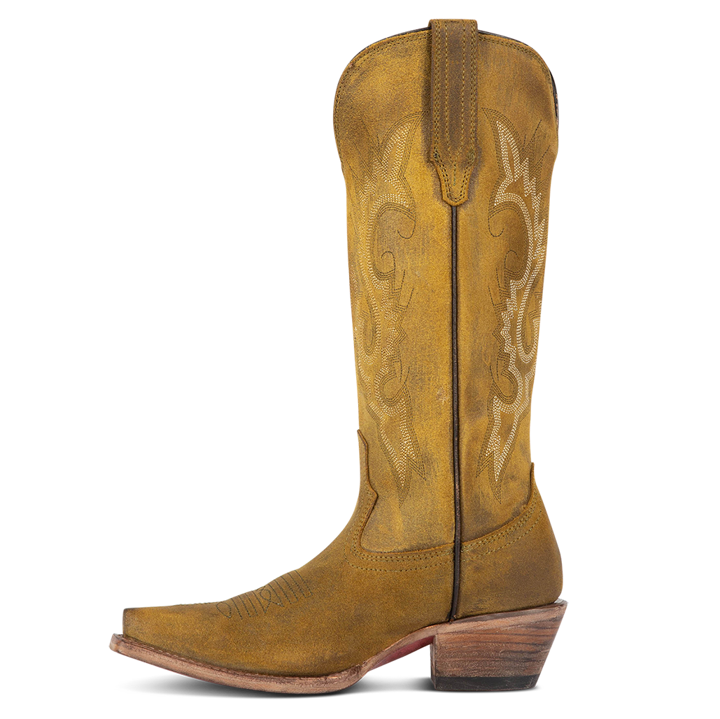 Side view showing suede pull straps and western stitch detailing on FREEBIRD women's Woodland olive suede boot