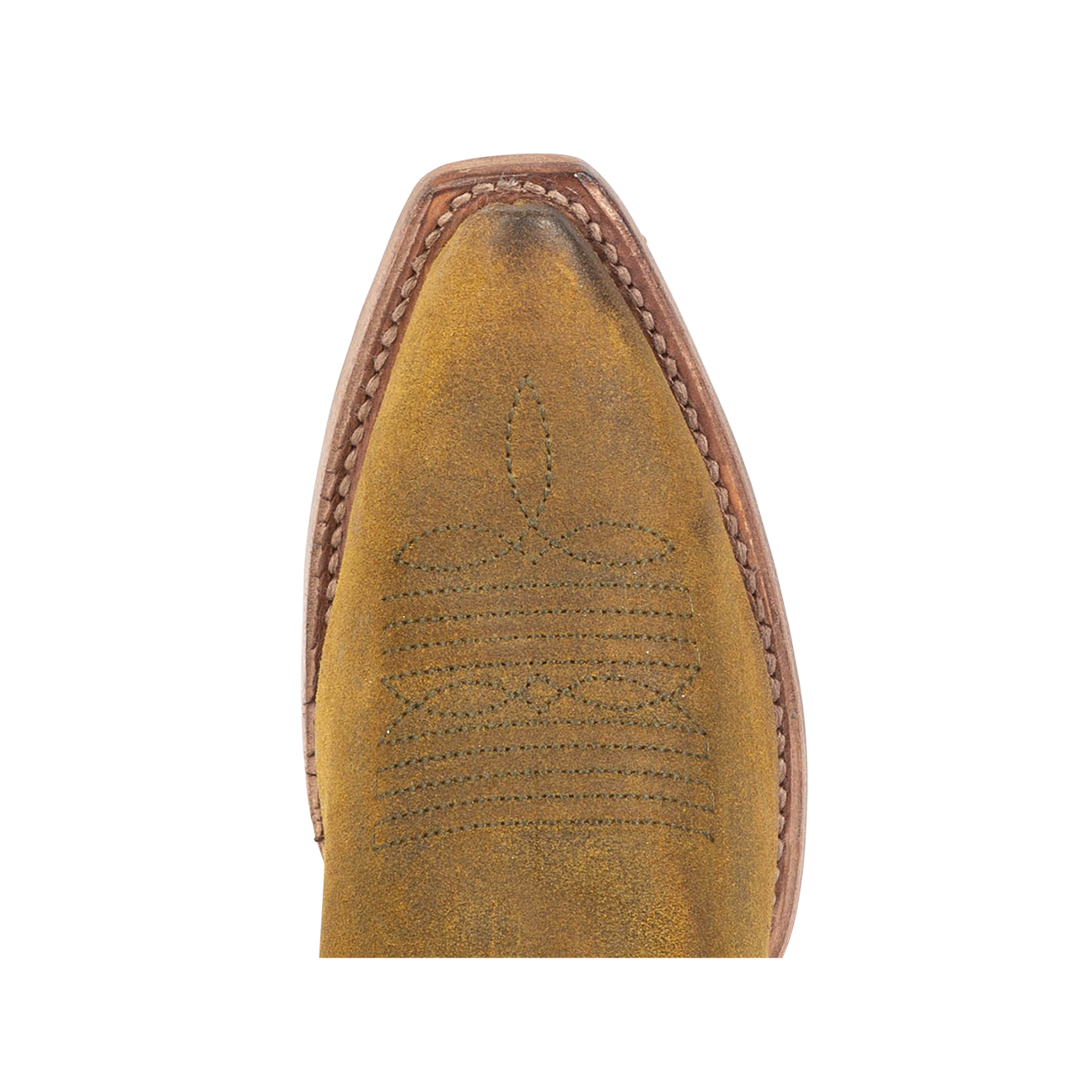Top view showing snip toe construction with stitch detailing on FREEBIRD women's Woodland olive suede boot