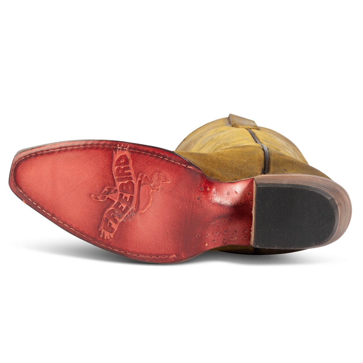 Leather sole imprinted with FREEBIRD on women's Woodland olive suede leather boot