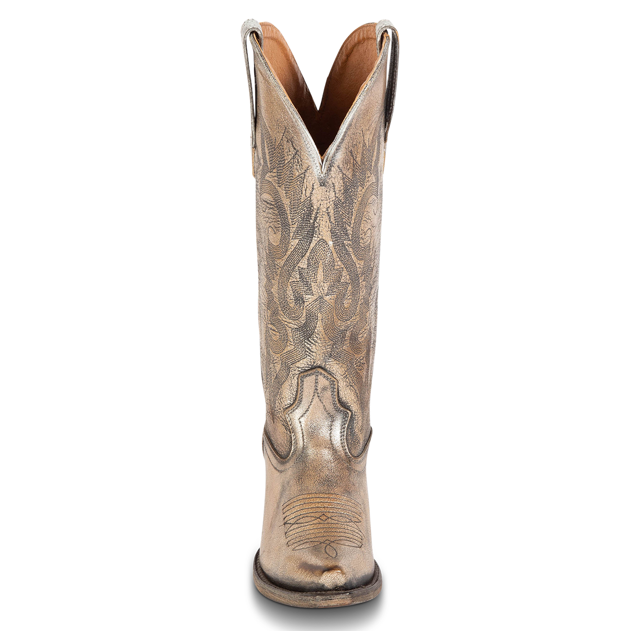 Front view showing western stitch detailing and front dip on FREEBIRD women's Woodland pewter leather boot