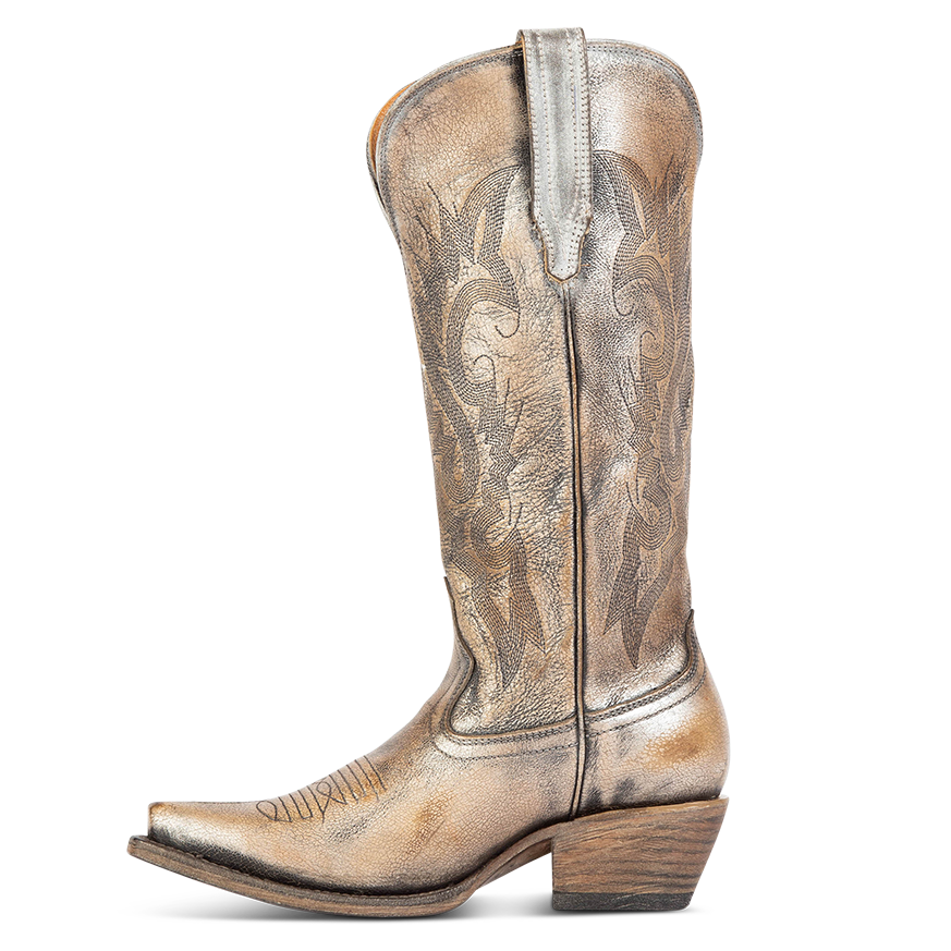 Side view showing leather pull straps and western stitch detailing on FREEBIRD women's Woodland pewter leather boot