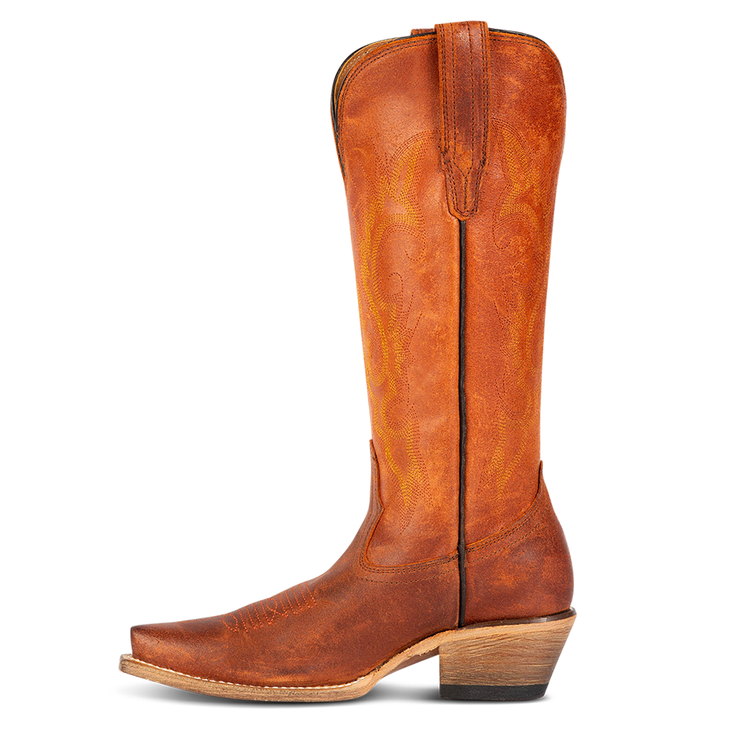 Side view showing suede pull straps and western stitch detailing on FREEBIRD women's Woodland suede suede leather boot