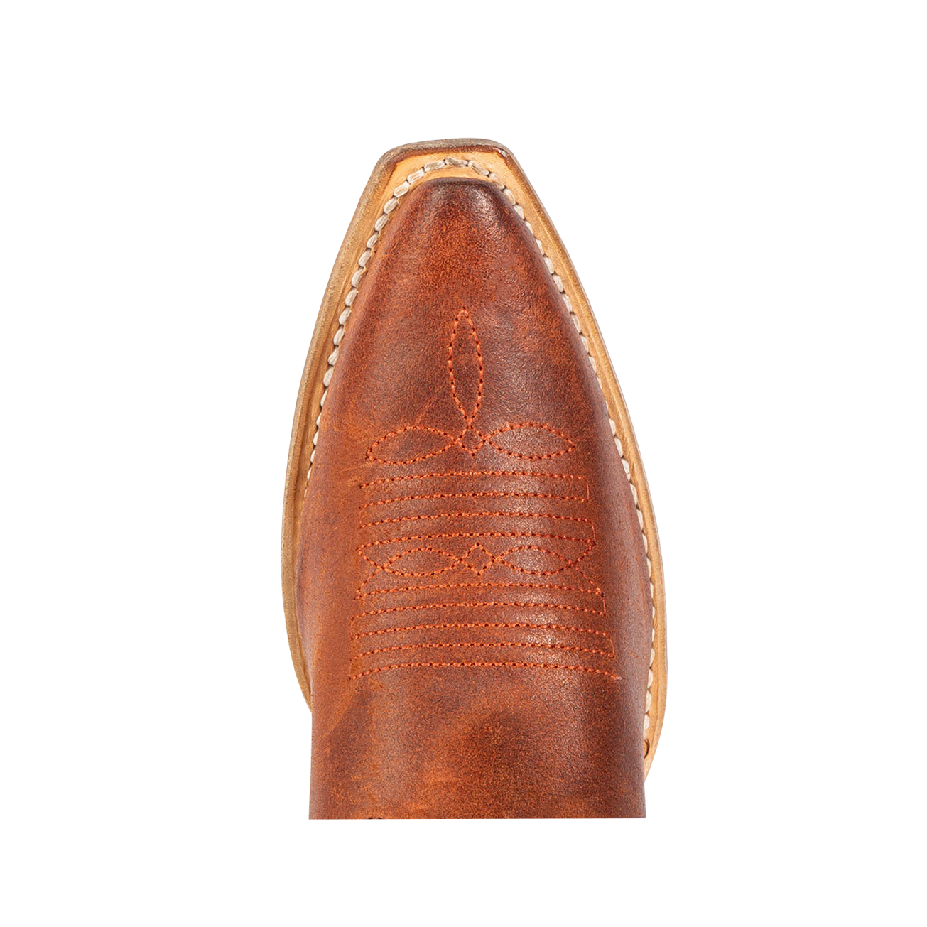 Top view showing snip toe construction with stitch detailing on FREEBIRD women's Woodland rust suede leather boot