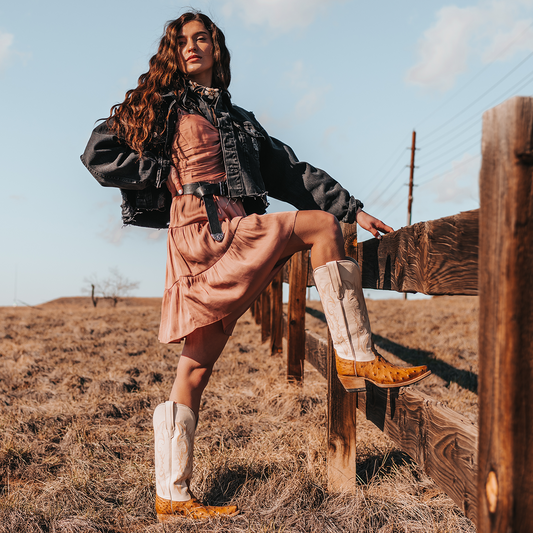 FREEBIRD women's Woodland wheat ostrich leather cowboy boot with stitch detailing and snip toe construction lifestyle