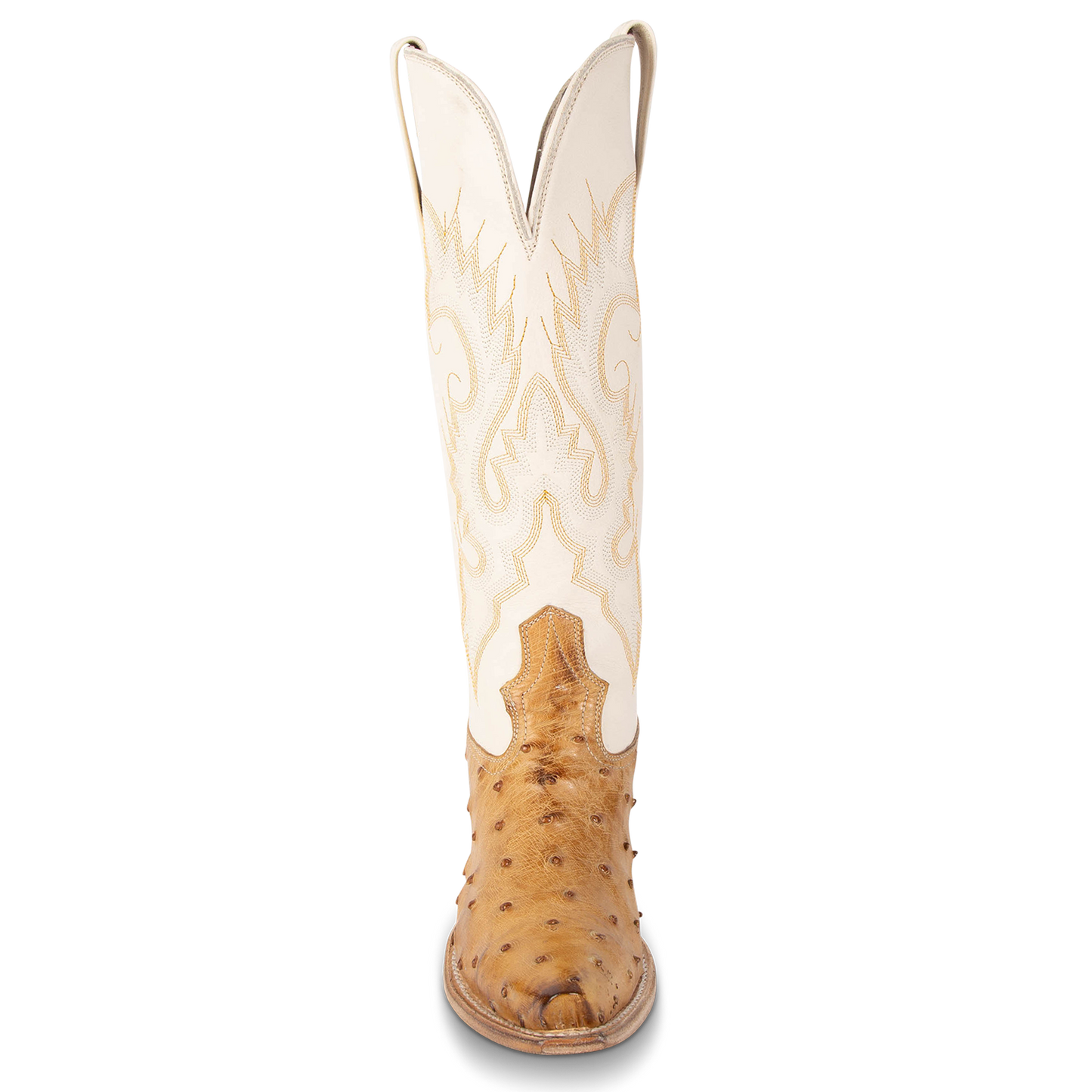 Front view showing western stitch detailing and front dip on FREEBIRD women's Woodland wheat ostrich leather boot