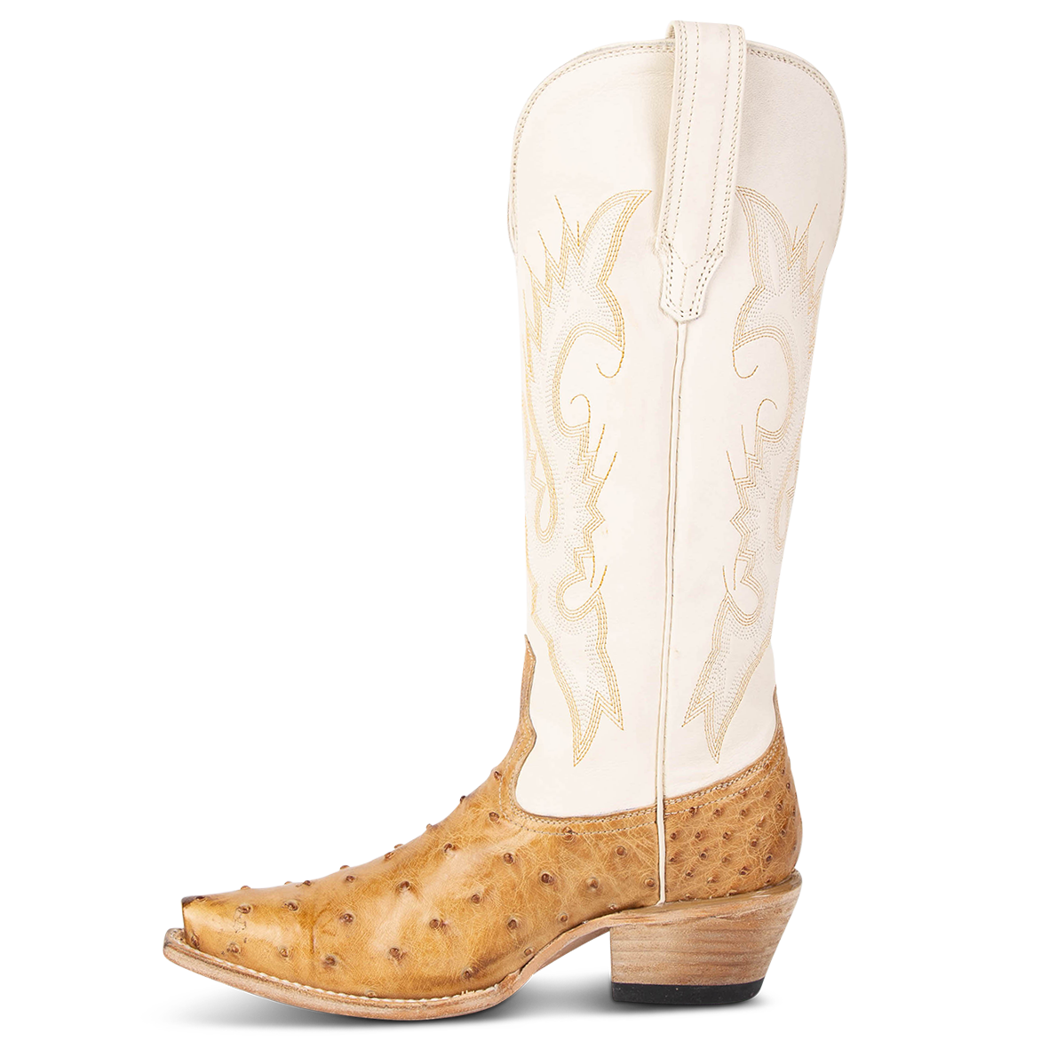 Side view showing leather pull straps and western stitch detailing on FREEBIRD women's Woodland wheat ostrich leather boot