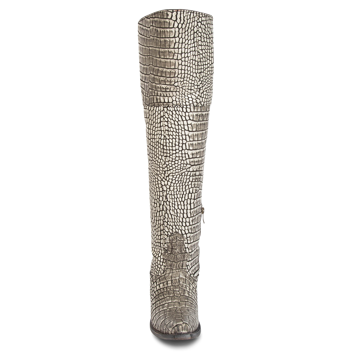 Front view showing tall shaft on FREEBIRD women's Wynonna black and white croco embossed leather tall boot