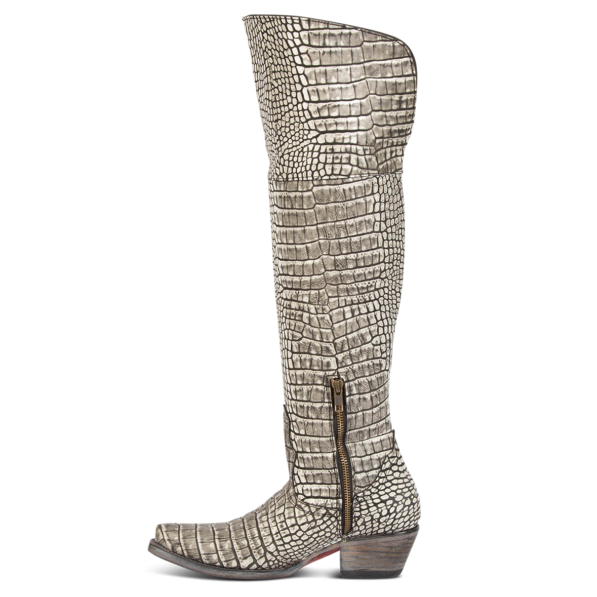 Side view showing inside zipper and western stitch detailing on FREEBIRD women's Wynonna black and white croco embossed leather tall boot