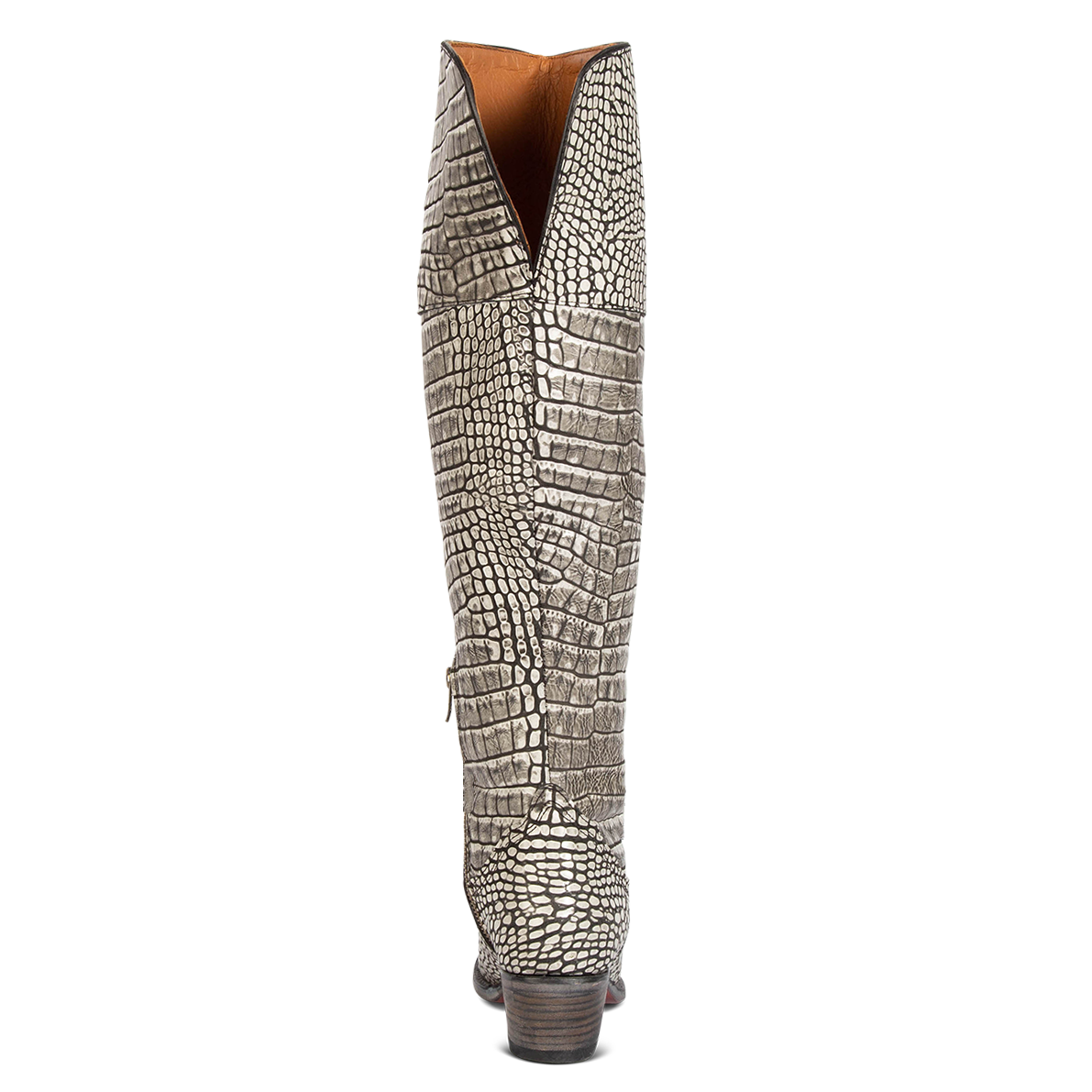 Back view showing back dip and heel on FREEBIRD women's Wynonna black and white croco embossed leather boot