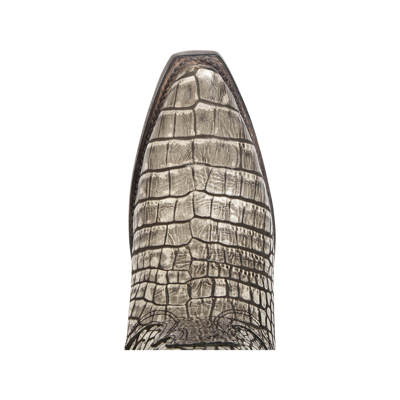 Top view showing snip toe construction on FREEBIRD women's Wynonna black and white croco embossed leather boot