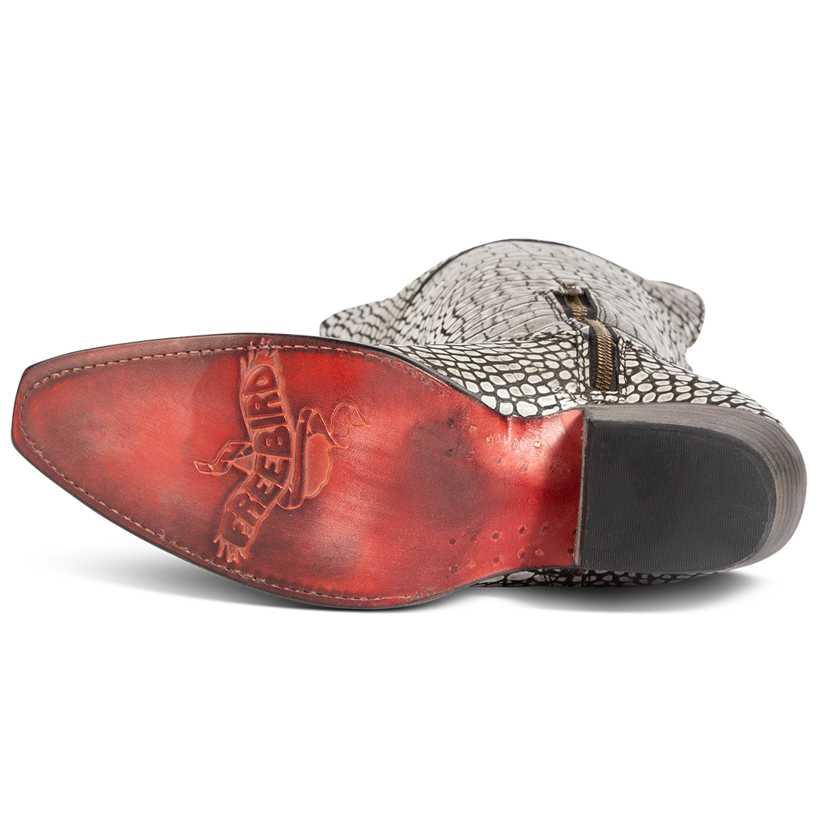 Leather sole imprinted with FREEBIRD on women's Wynonna black and white croco embossed leather boot