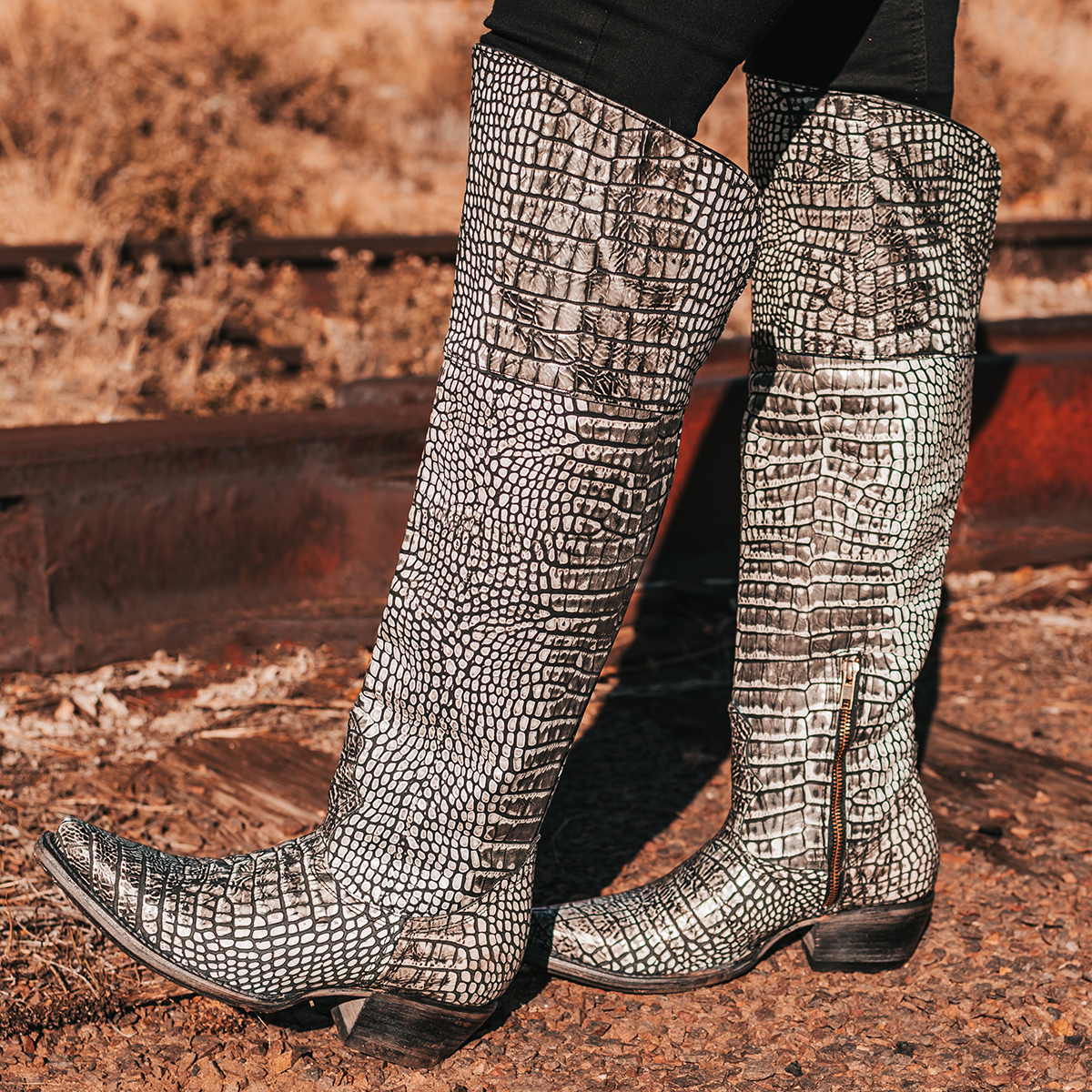 FREEBIRD women's Wynonna black and white croco embpossed leather tall western boot with snip toe construction