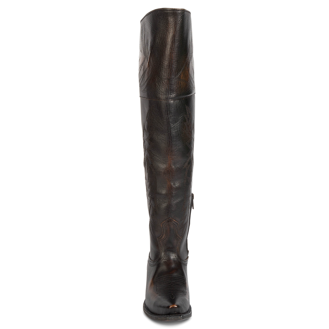 Front view showing tall shaft with western stitch detailing on FREEBIRD women's Wynonna black leather tall boot