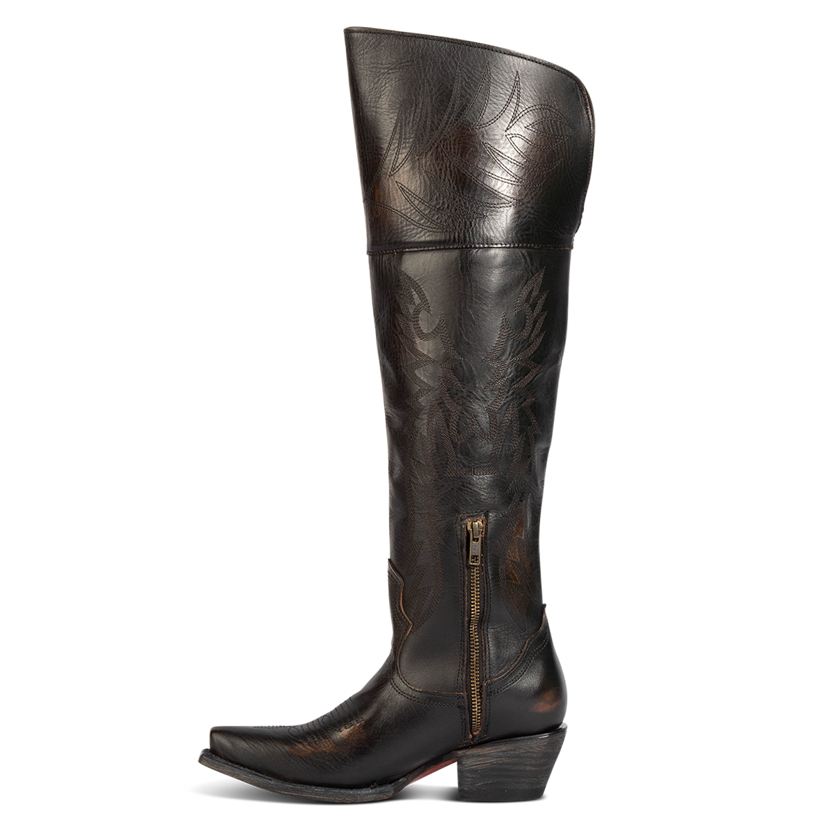 Side view showing inside zipper and western stitch detailing on FREEBIRD women's Wynonna black leather tall boot