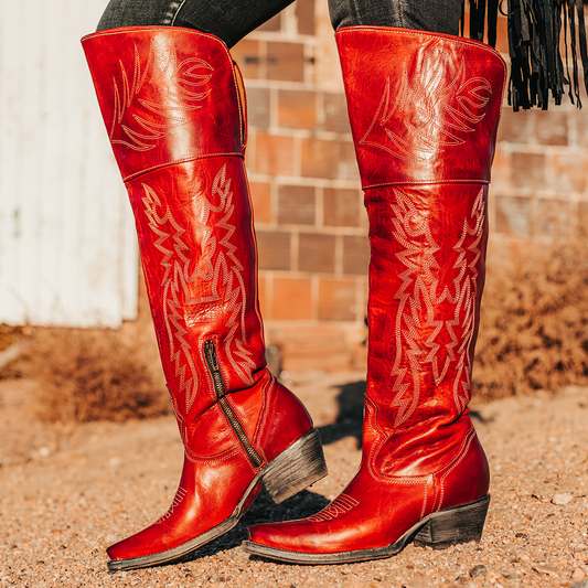 FREEBIRD women's Wynonna red leather tall western boot with stitch detailing and snip toe construction