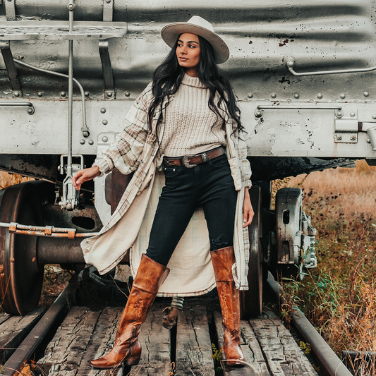 FREEBIRD women's Wynonna tan leather tall western boot with stitch detailing and snip toe construction lifestyle