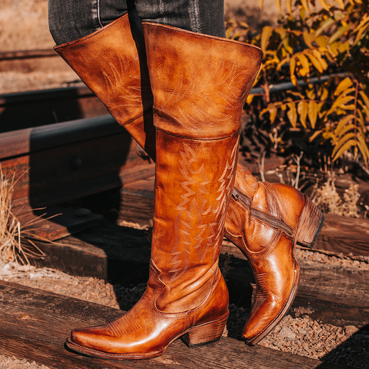 FREEBIRD women's Wynonna tan leather tall western boot with stitch detailing and snip toe construction