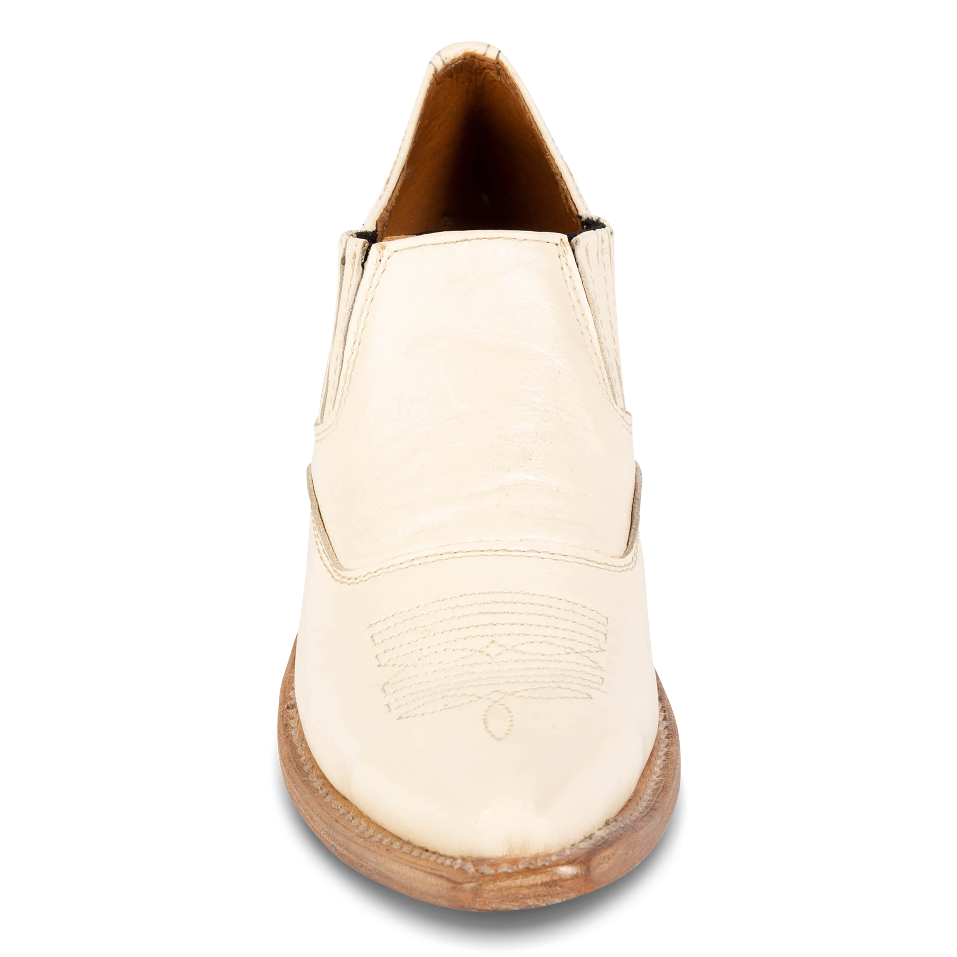 Front view showing western stitch detailing and snip toe on FREEBIRD women's Wyoming beige western shoe