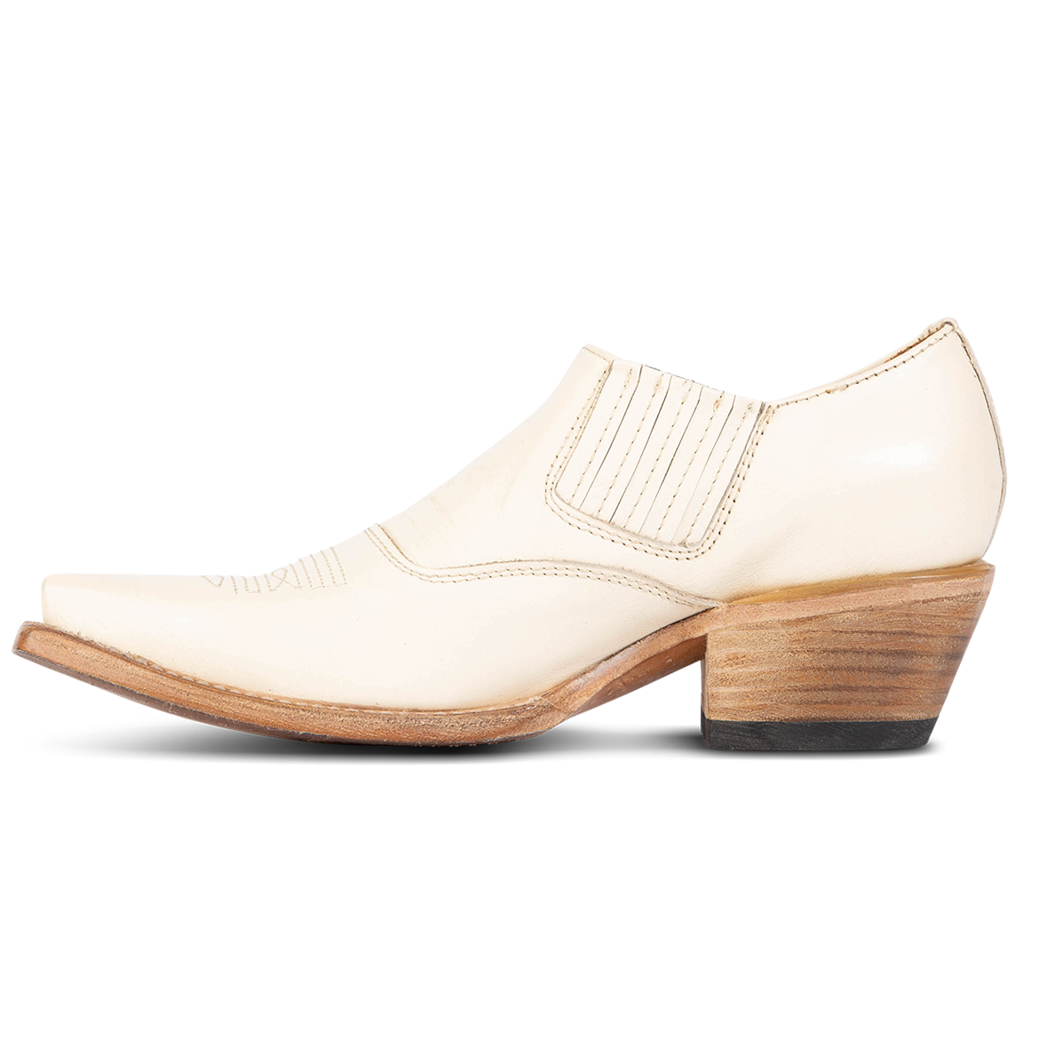 Inside view showing gore and western stitching on FREEBIRD women's Wyoming beige western shoe