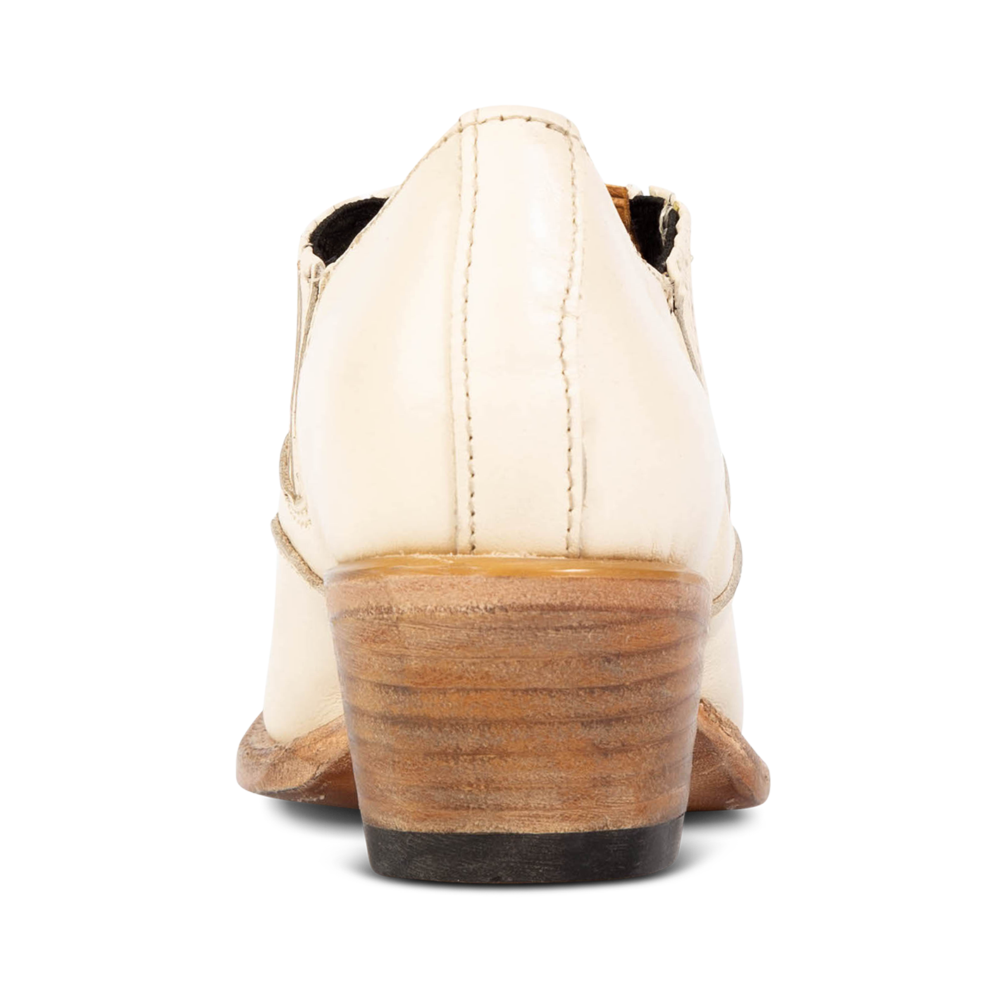Back view showing stacked wooden heel on FREEBIRD women's Wyoming beige western shoe
