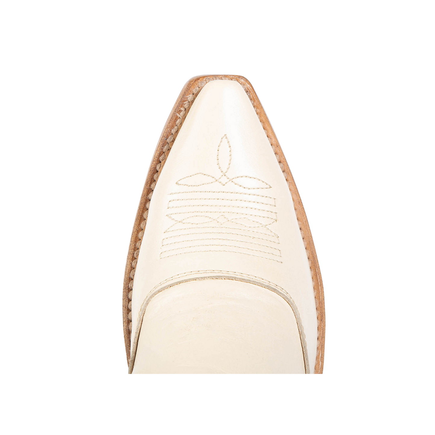 Top view showing snip toe and western stitch detailing on FREEBIRD women's Wyoming beige western shoe