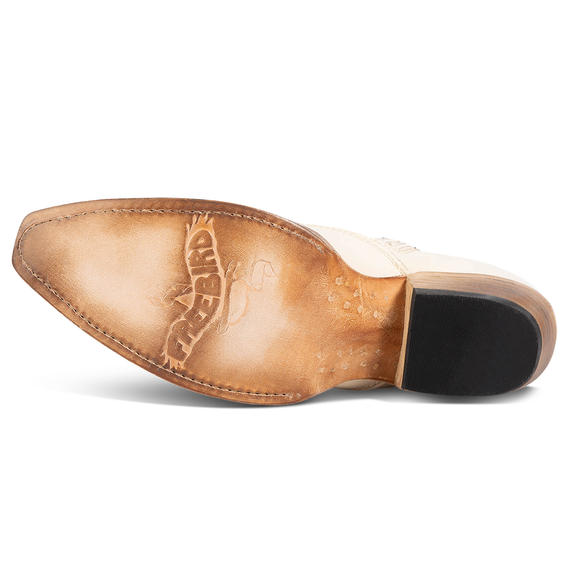 Leather sole imprinted with FREEBIRD on women's Wyoming beige western shoe