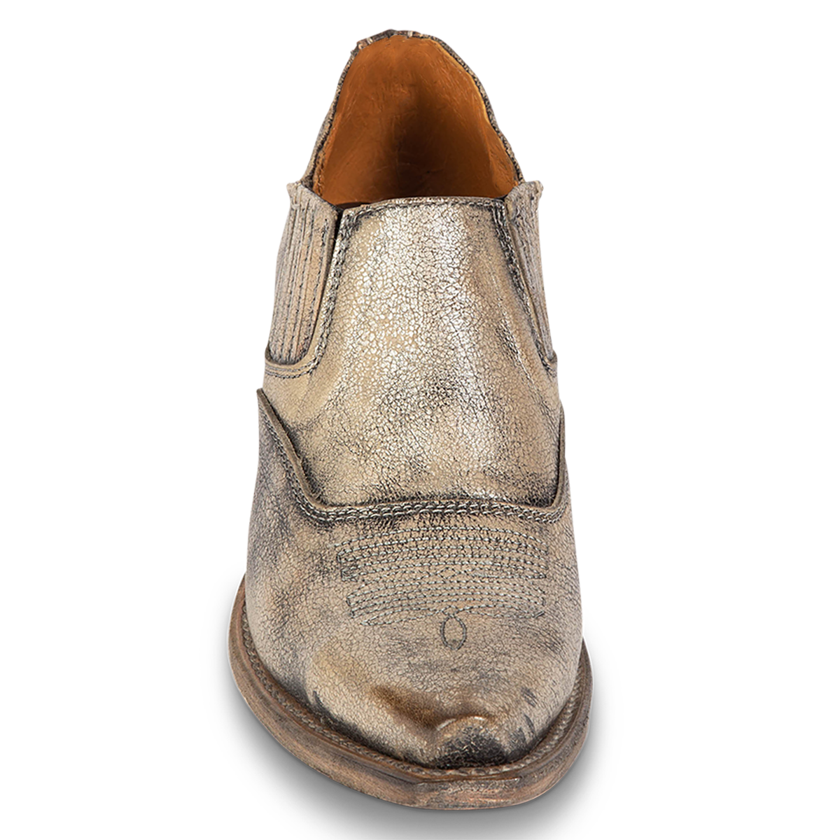 Front view showing western stitch detailing and snip toe on FREEBIRD women's Wyoming beige western shoe