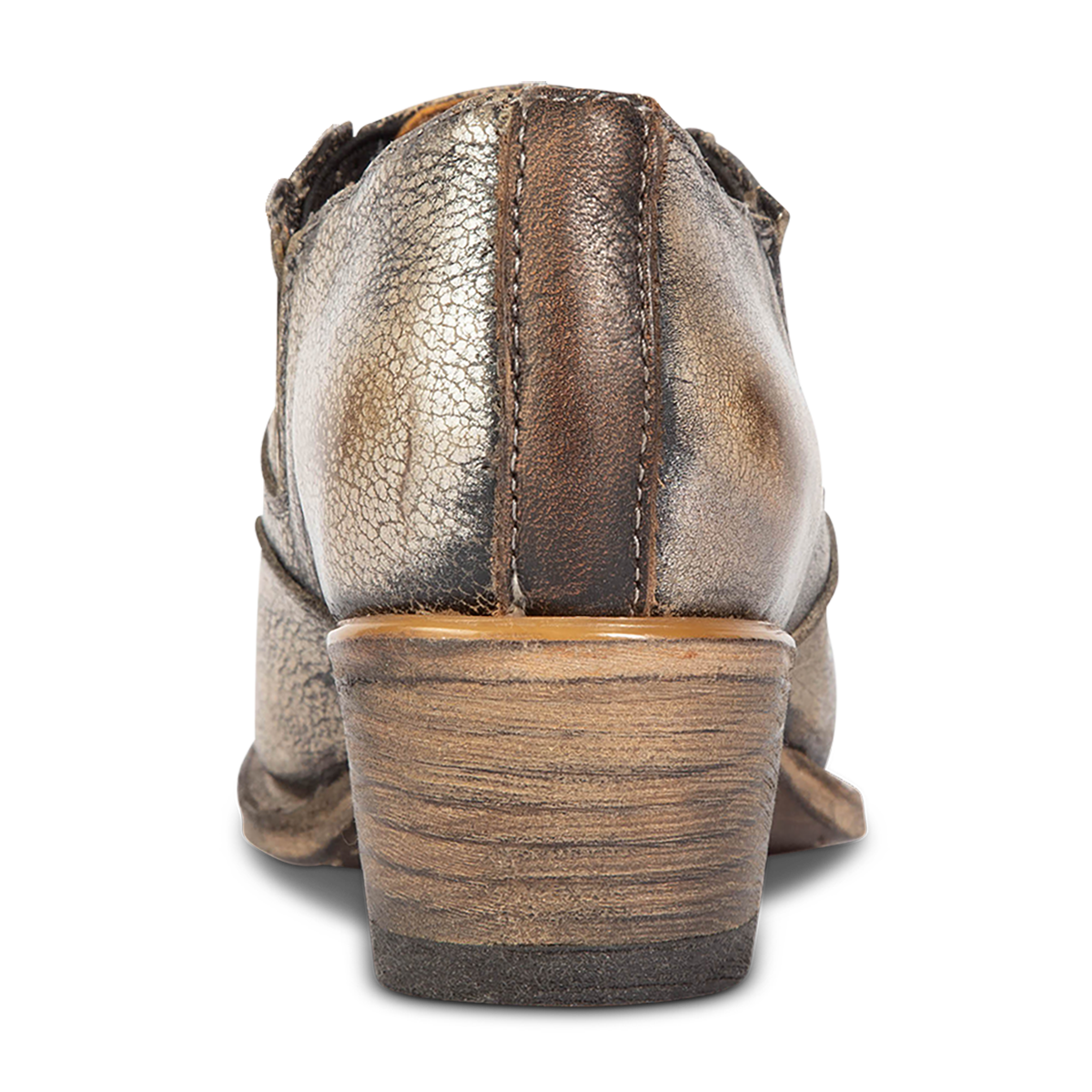 Back view showing stacked wooden heel on FREEBIRD women's Wyoming beige western shoe