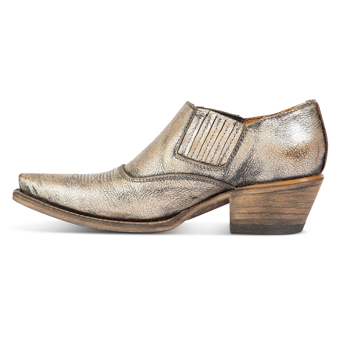 Inside view showing gore and western stitching on FREEBIRD women's Wyoming beige western shoe