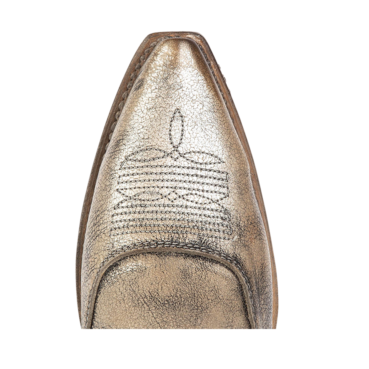 Top view showing snip toe and western stitch detailing on FREEBIRD women's Wyoming beige western shoe