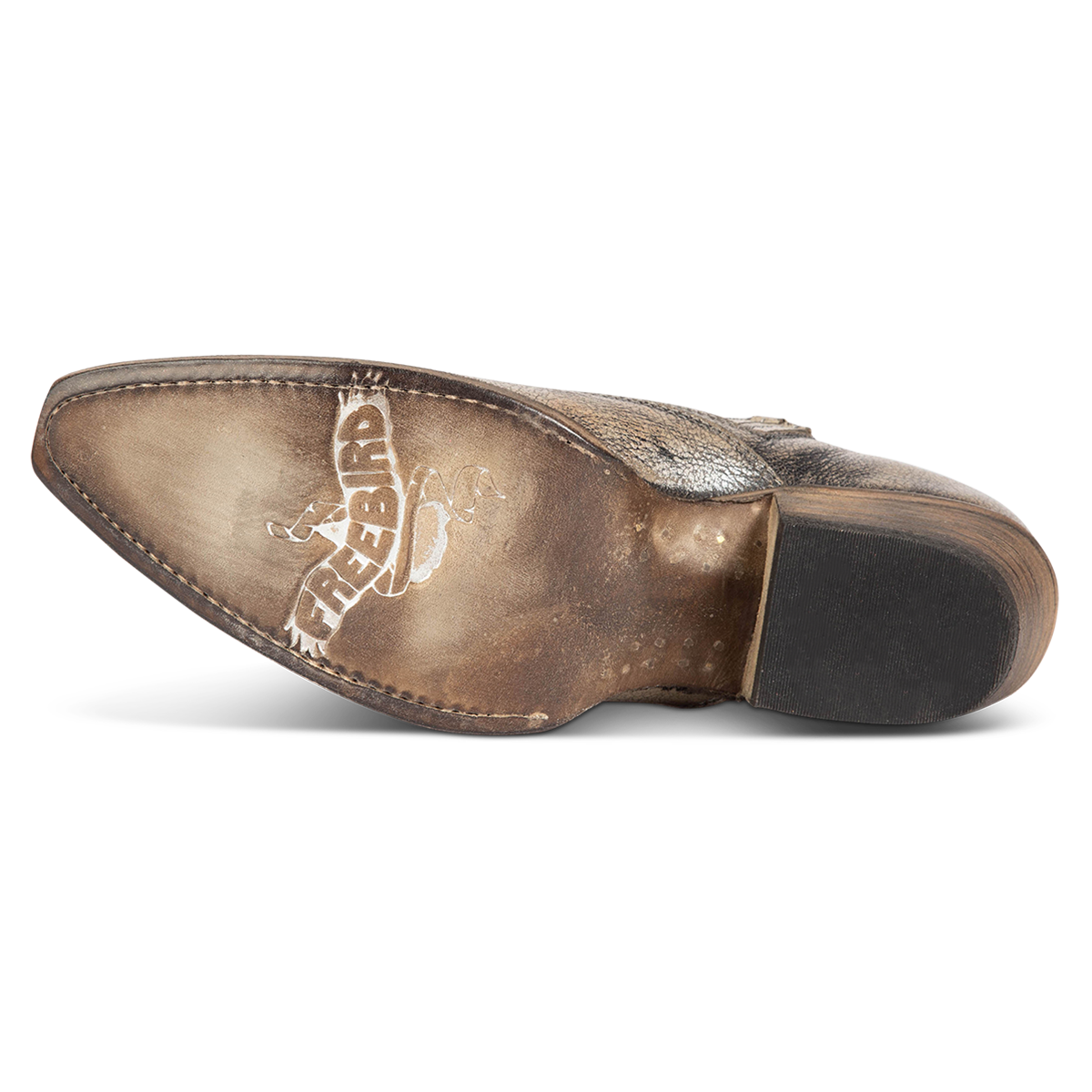 Leather sole imprinted with FREEBIRD on women's Wyoming beige western shoe