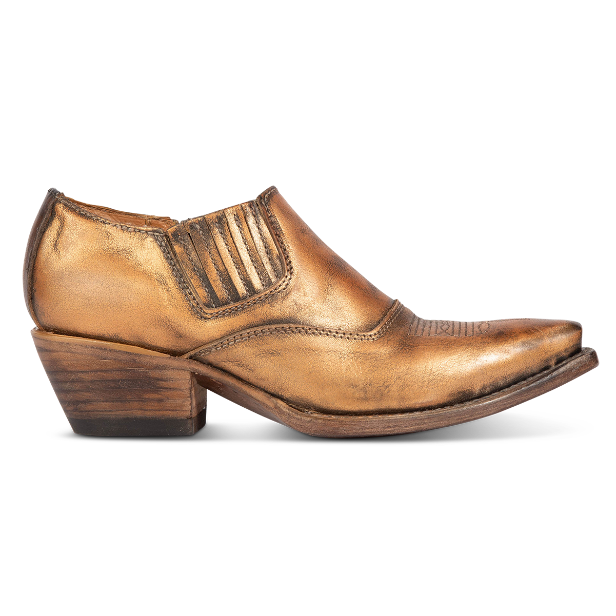 FREEBIRD women's Wyoming bronze featuring gore, western stitch detailing and snip toe