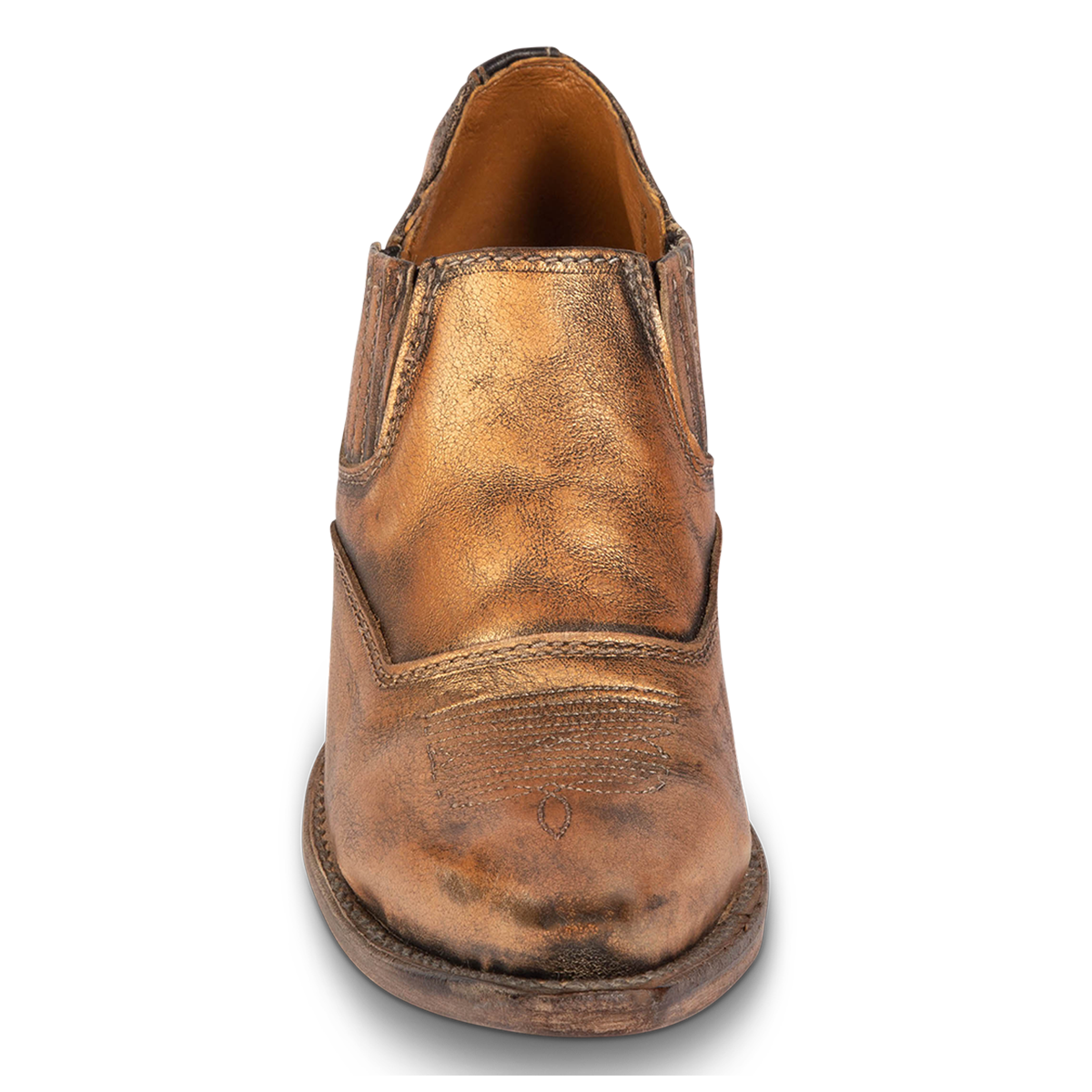 Front view showing western stitch detailing and snip toe on FREEBIRD women's Wyoming bronze western shoe