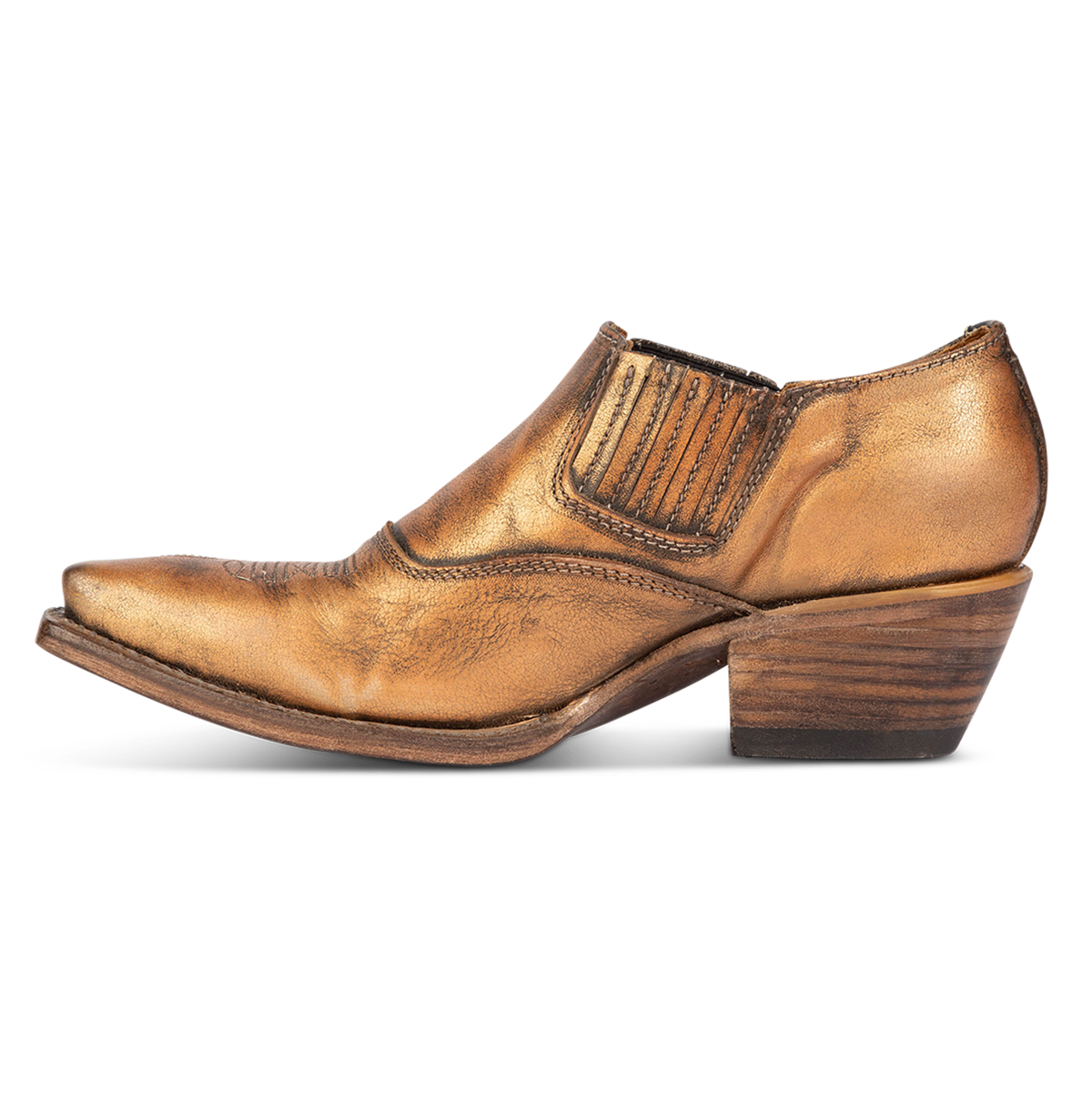 Inside view showing gore and western stitching on FREEBIRD women's Wyoming bronze western shoe
