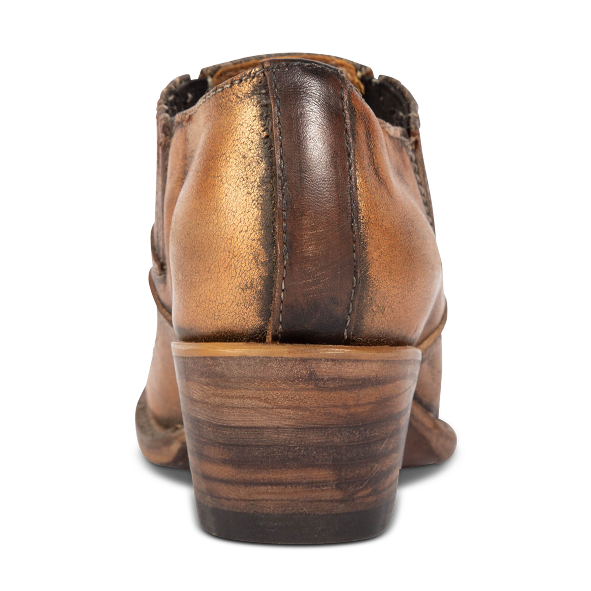 Back view showing stacked wooden heel on FREEBIRD women's Wyoming bronze western shoe