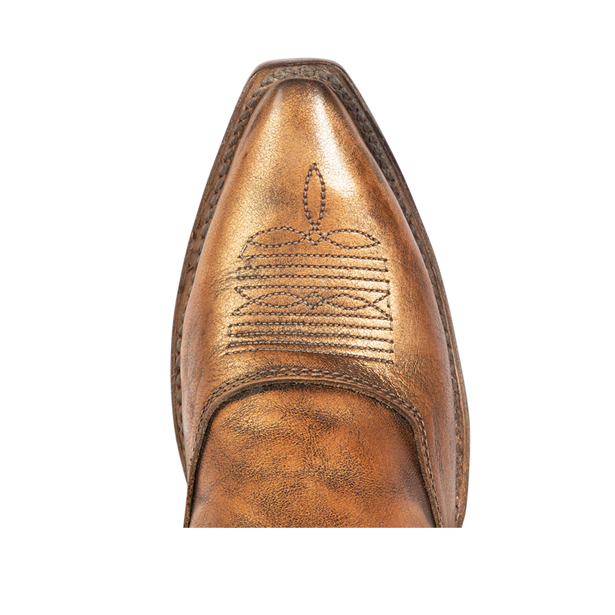 Top view showing snip toe and western stitch detailing on FREEBIRD women's Wyoming bronze western shoe