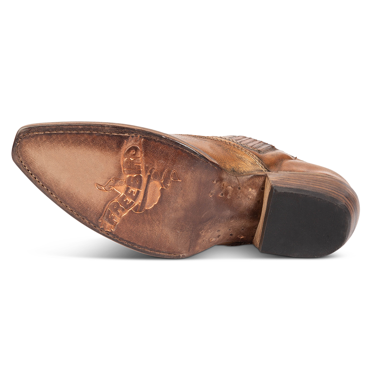 Leather sole imprinted with FREEBIRD on women's Wyoming bronze western shoe
