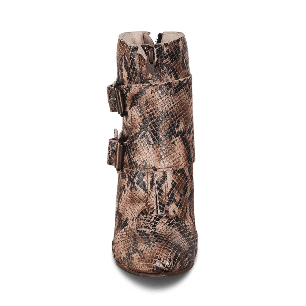Front view showing overlay with working front brass zip closure on FREEBIRD women's Joey brown snake leather bootie