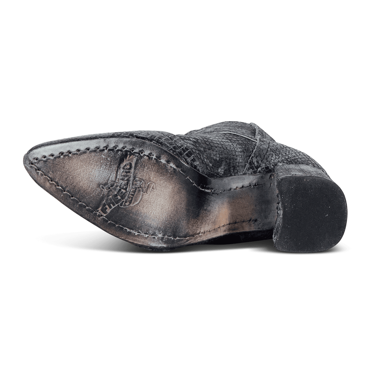 Leather sole imprinted with FREEBIRD on women's Joey blue multi leather bootie