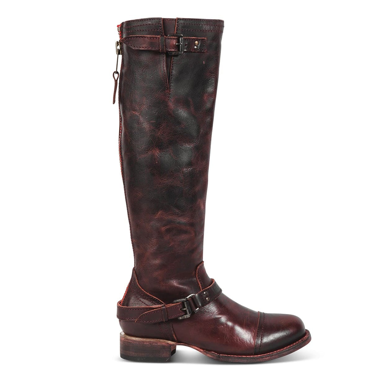 FREEBIRD women's Roadey wine tall construction boot with double buckle detailing and signature red tracked zipper