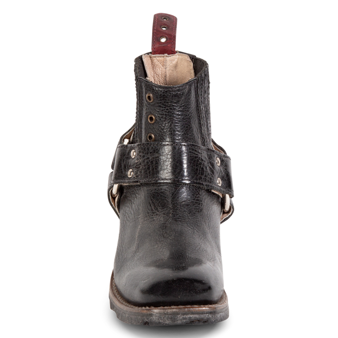 Front view showing leather ankle harness and brass hardware detailing on FREEBIRD women's Whiskey black ankle bootie