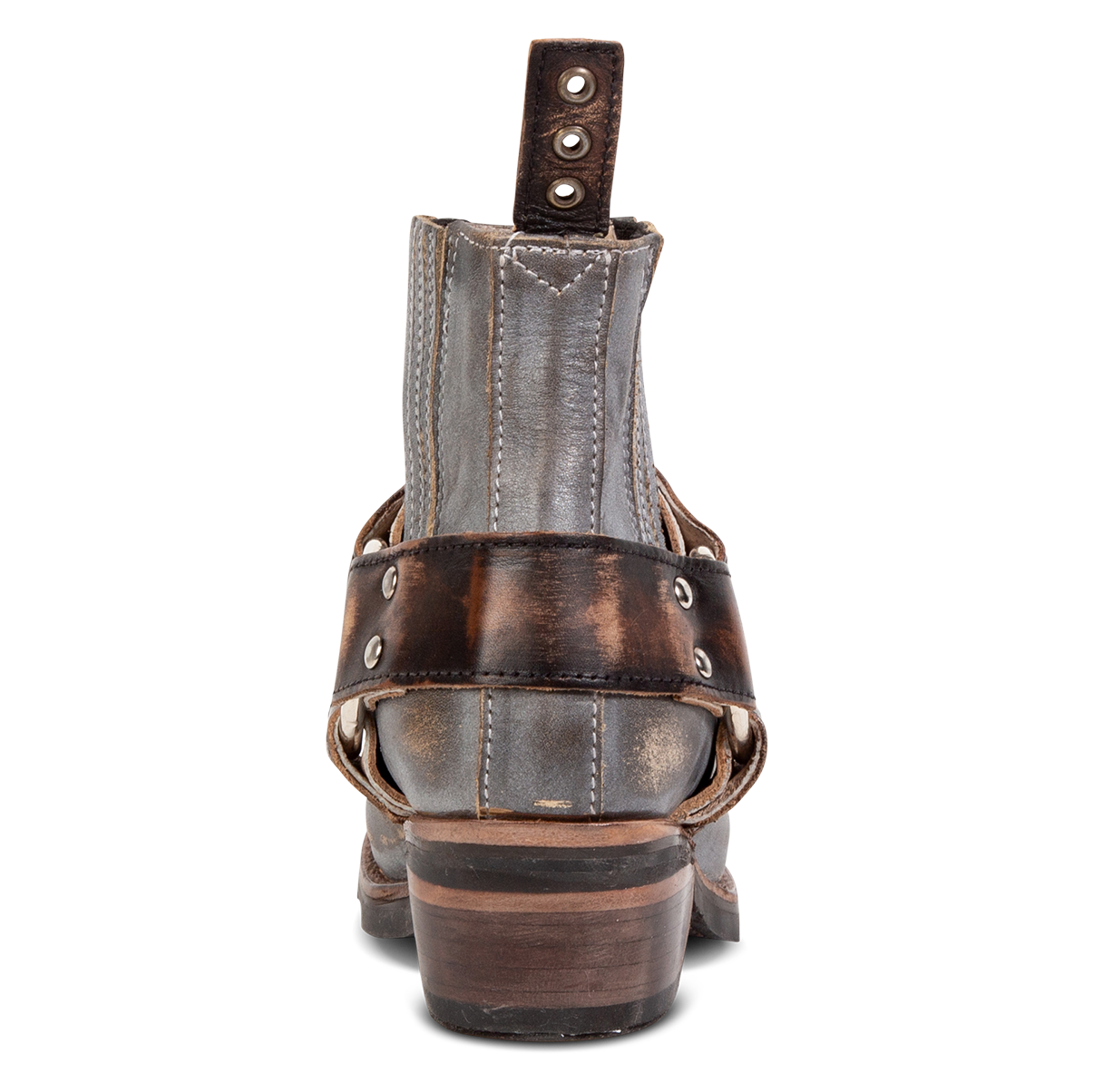 Back view showing leather ankle harness and brown leather pull tab on FREEBIRD women's Whiskey ice multi ankle bootie
