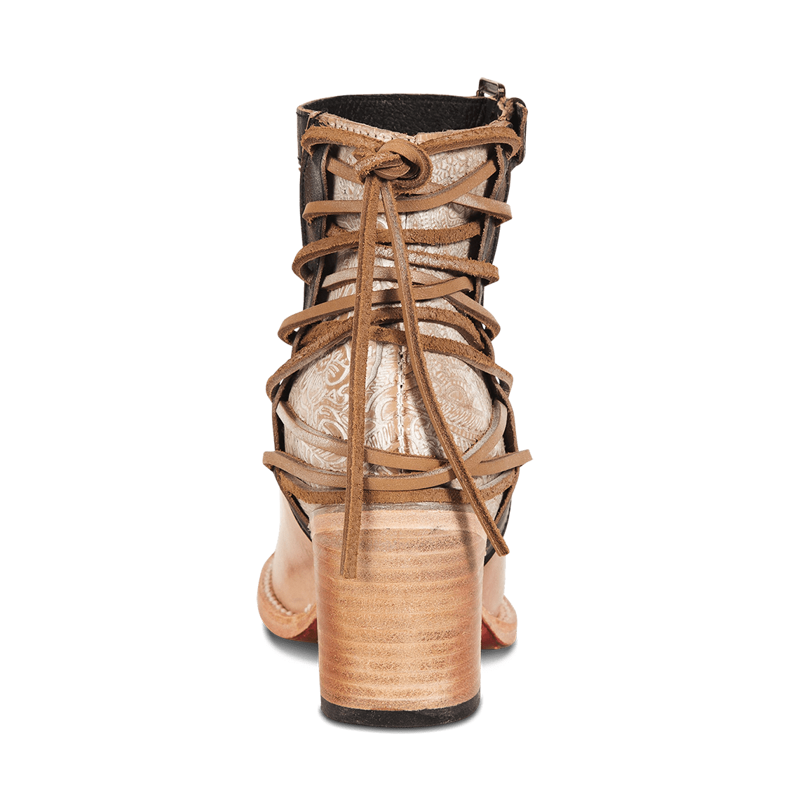 Back view showing embossed leather and contrasting leather lacing on FREEBIRD women's Raeanne taupe multi shoe