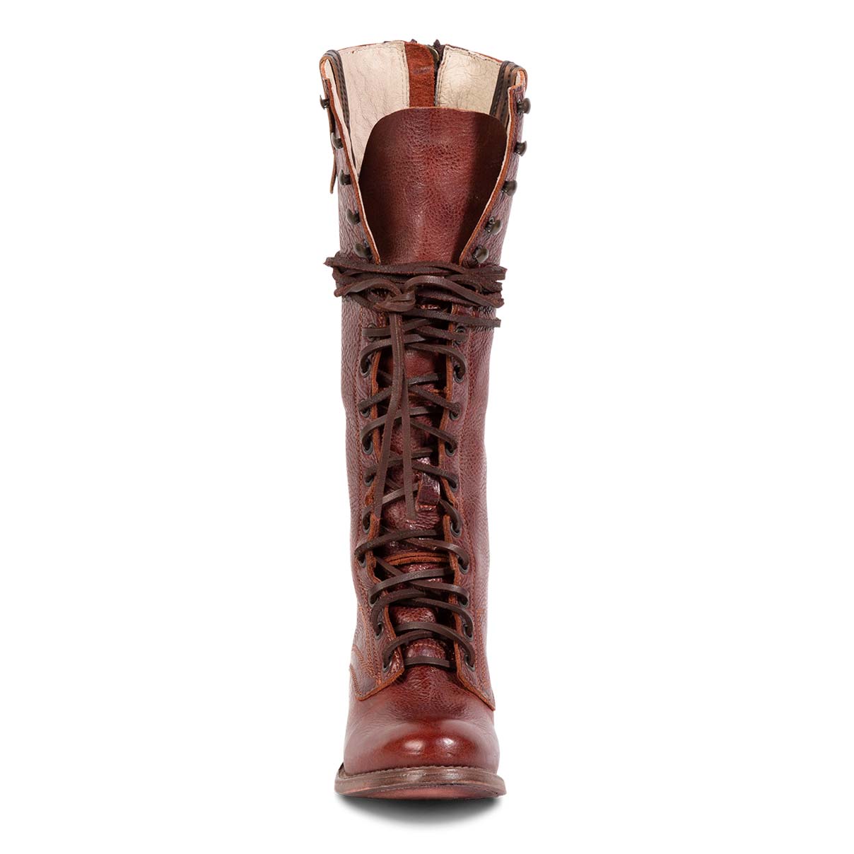 Front view showing full shaft adjustable front lace closure with with leather laces on FREEBIRD women's Grany wine tall boot