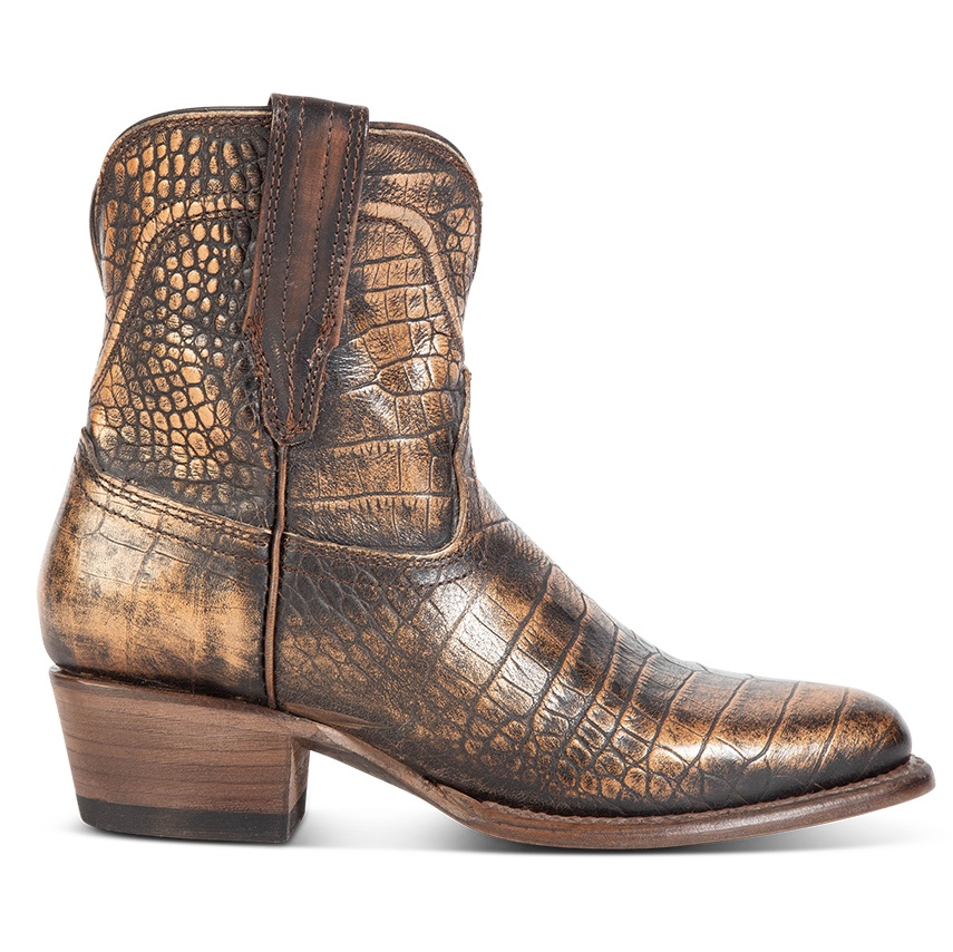 FREEBIRD women's Zamora bronze multi bootie with scallop detailing and pointed toe construction