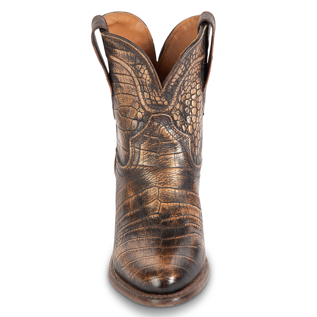 Front view showing scallop detailing FREEBIRD women's Zamora bronze multi bootie
