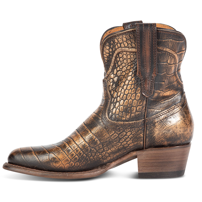 Side view showing leather pull straps and scallop detailing on FREEBIRD women's Zamora bronze multi bootie