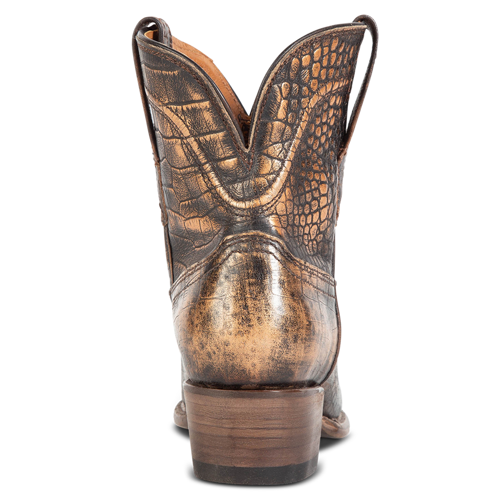 Back view showing back dip and leather heel with scallop stitch detailing on FREEBIRD women's Zamora bronze multi bootie