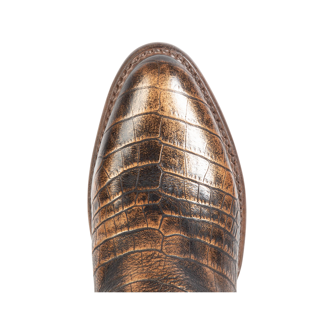 Top view showing pointed toe construction FREEBIRD women's Zamora bronze multi bootie